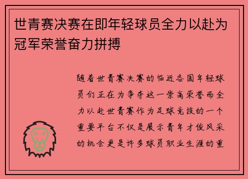 世青赛决赛在即年轻球员全力以赴为冠军荣誉奋力拼搏